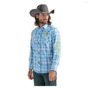 MEN'S WRANGLER® PBR® LOGO LONG SLEEVE PLAID WESTERN SNAP SHIRT